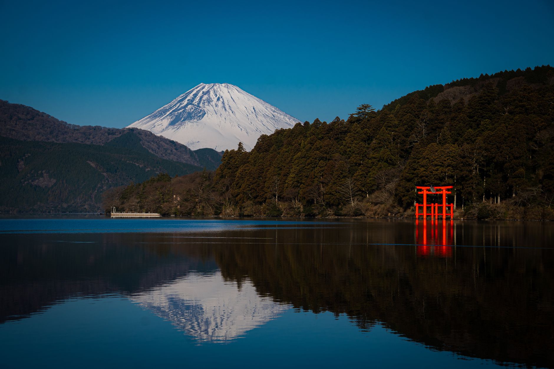 lake and fuji mountain behind