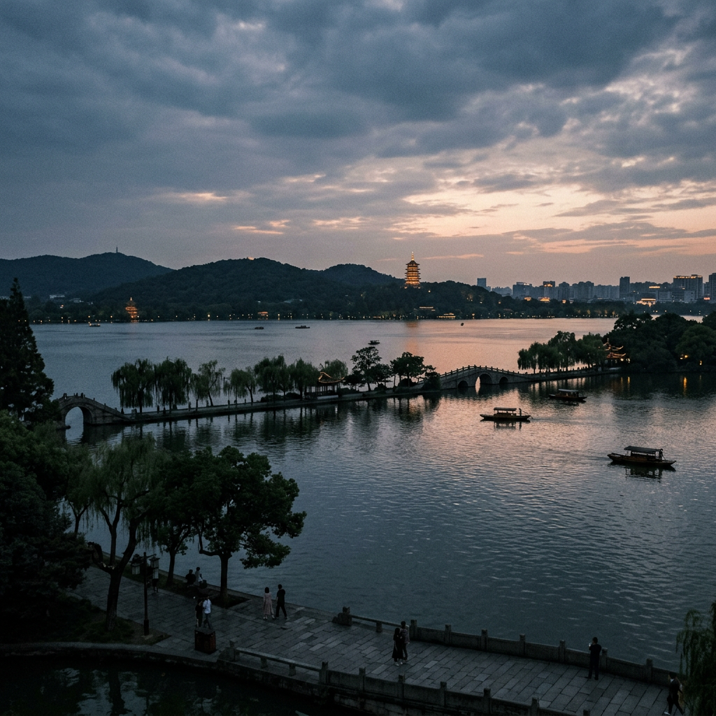 Boats on West Lake with a stone bridge, trees, pagodas, and city skyline at dusk